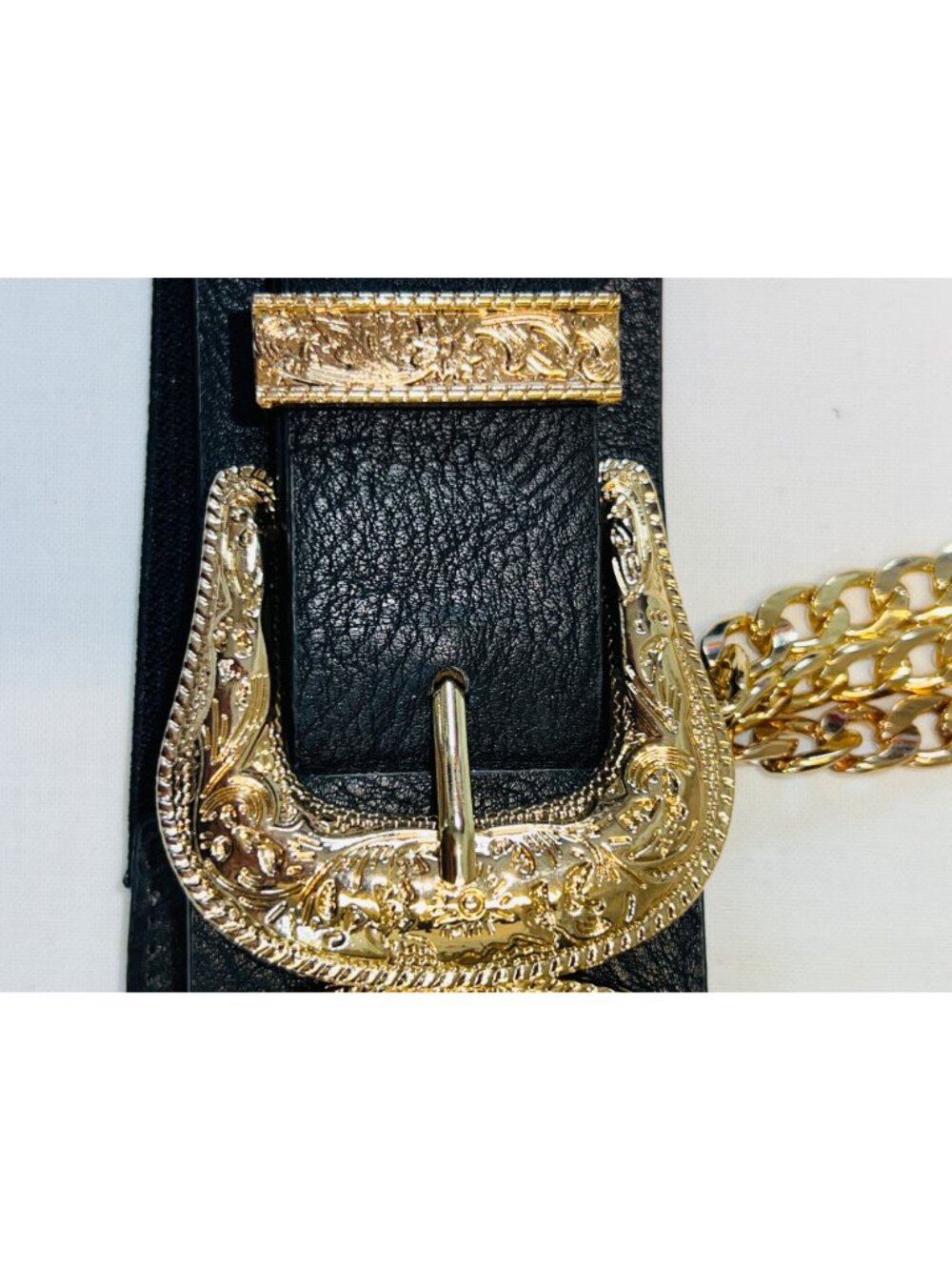 Western Inspired Black Elastic Chain Belt wGold-Tone Buckles & Chains Stretch - Picture 7 of 11